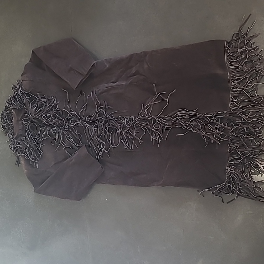 SUEDE LONG BROWN COAT WITH FRINGE TASSELS